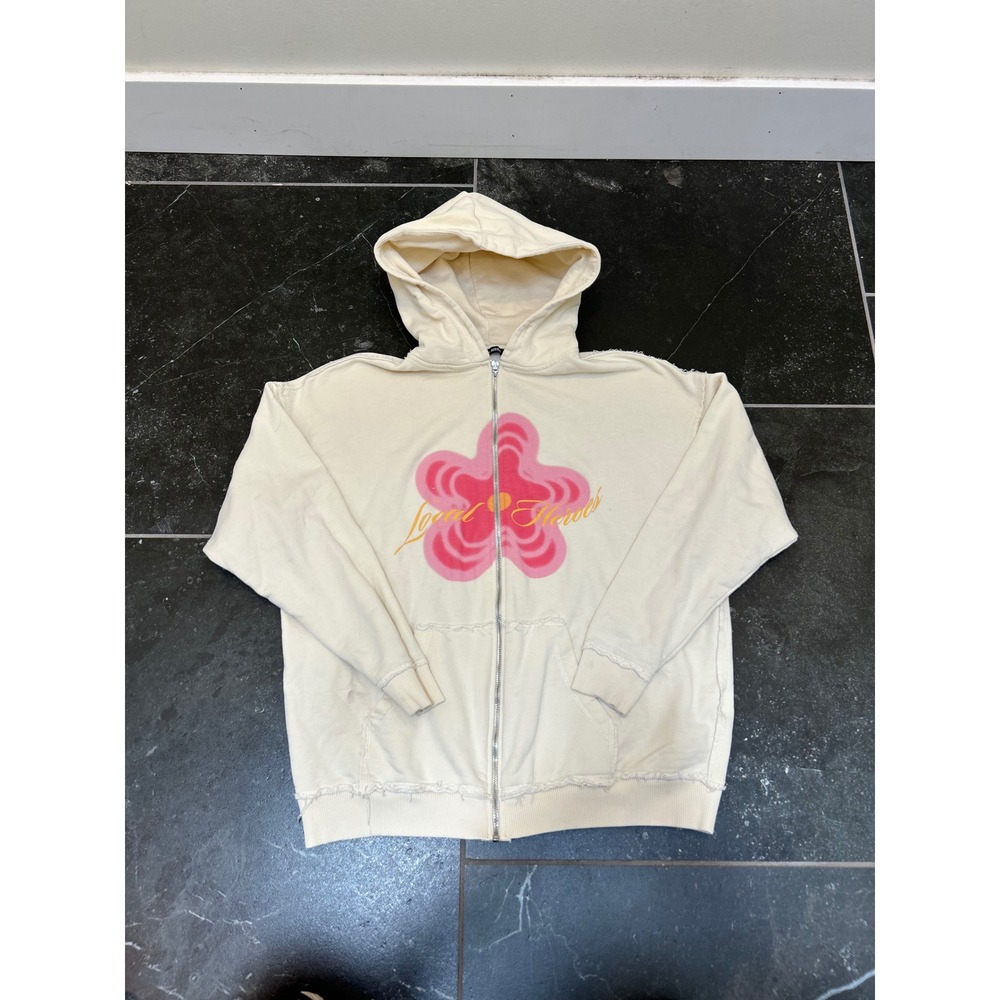 Local Heroes Mens Flower Graphic Distressed Zip Up Hoodie Cream Off White Small